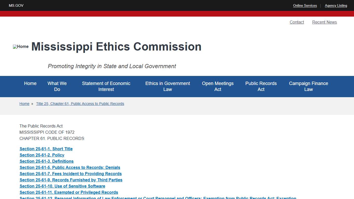 Title 25, Chapter 61, Public Access to Public Records | Mississippi Ethics Commission