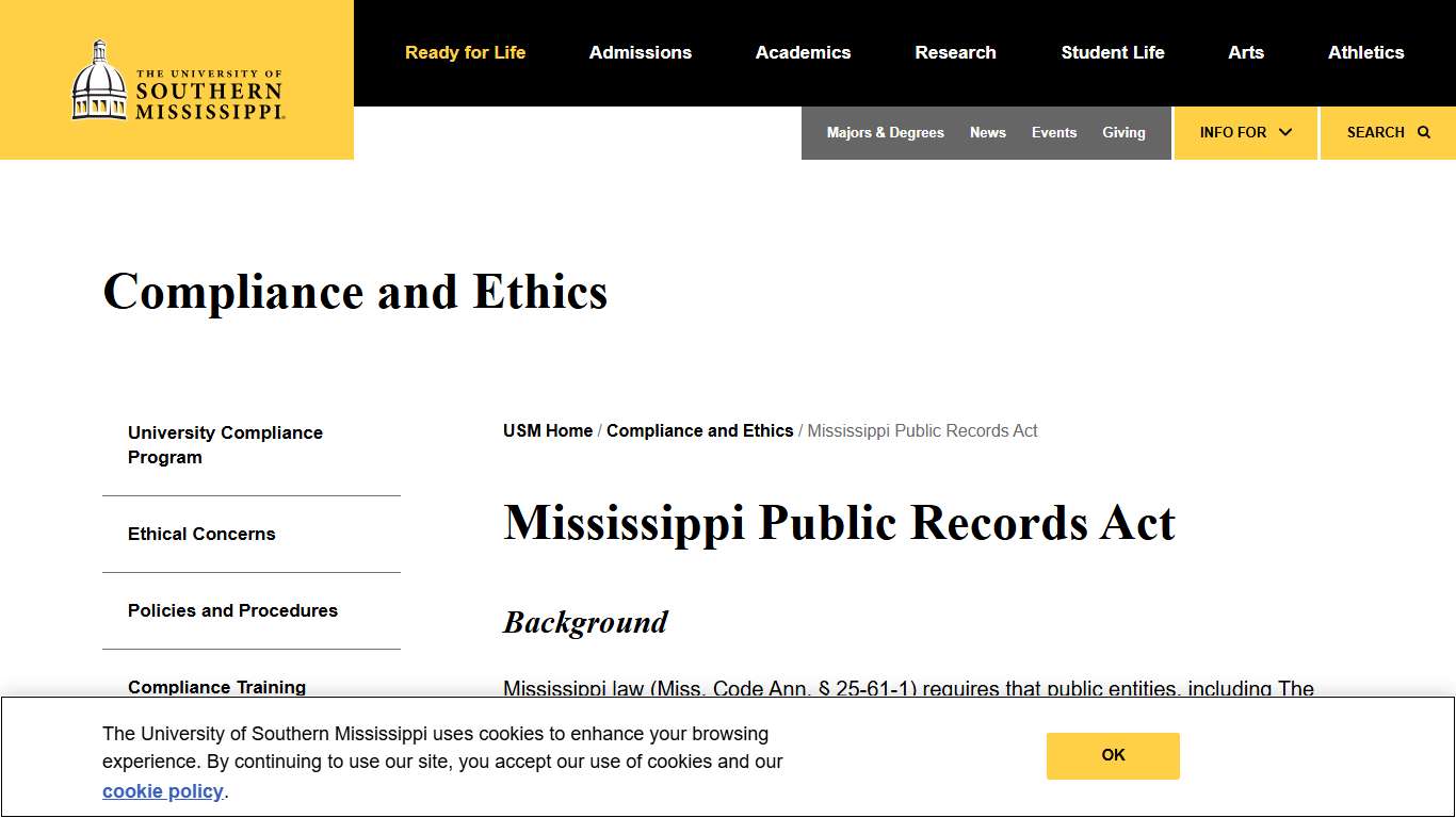 Mississippi Public Records Act | Compliance and Ethics | The University of Southern Mississippi